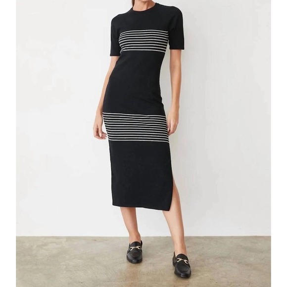 Monrow Dresses & Skirts - Monrow Knit Midi Dress Womens Black Tan Striped Mock Neck Short Sleeve Small